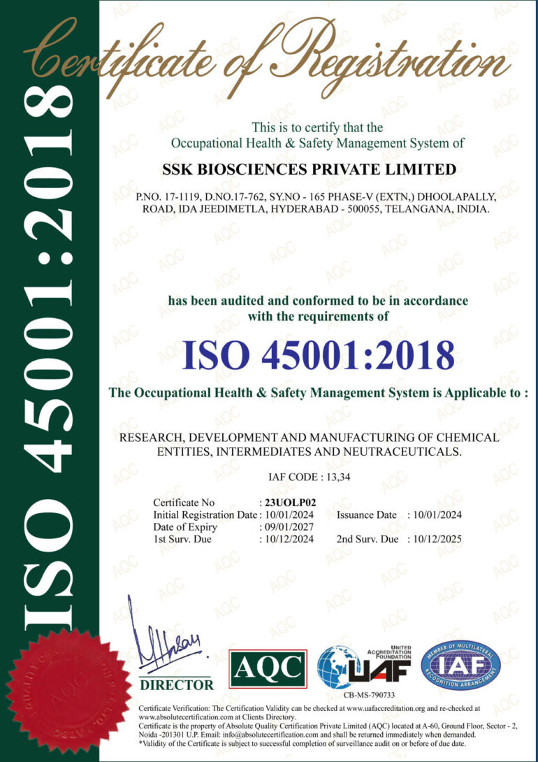 ISO 45001 : 2018 Company – SSK Biosciences Pvt.Ltd.,