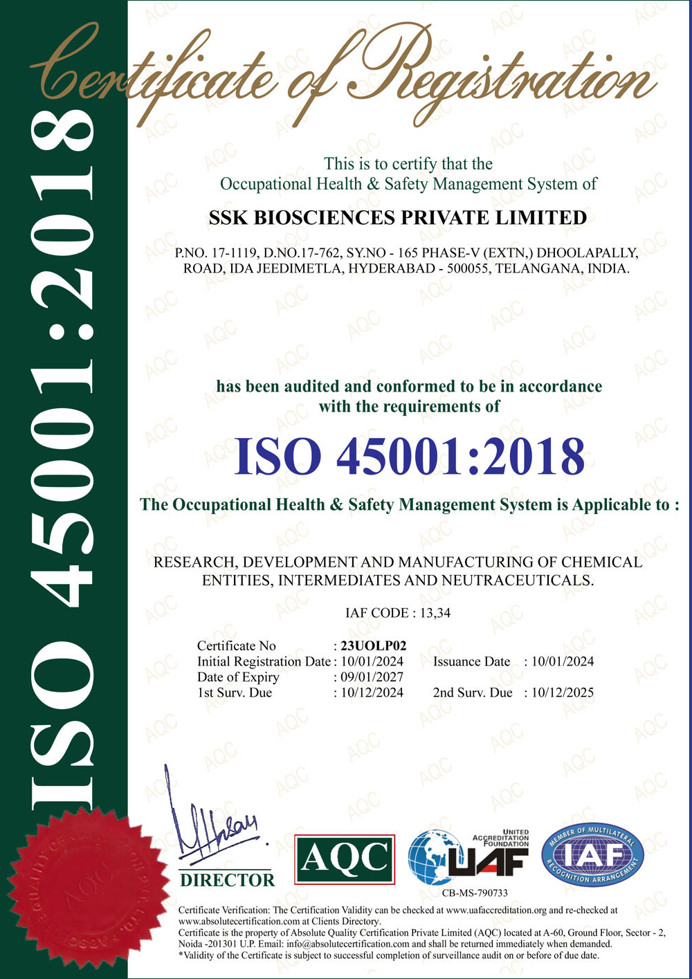 ISO 45001 : 2018 Company – SSK Biosciences Pvt.Ltd.,